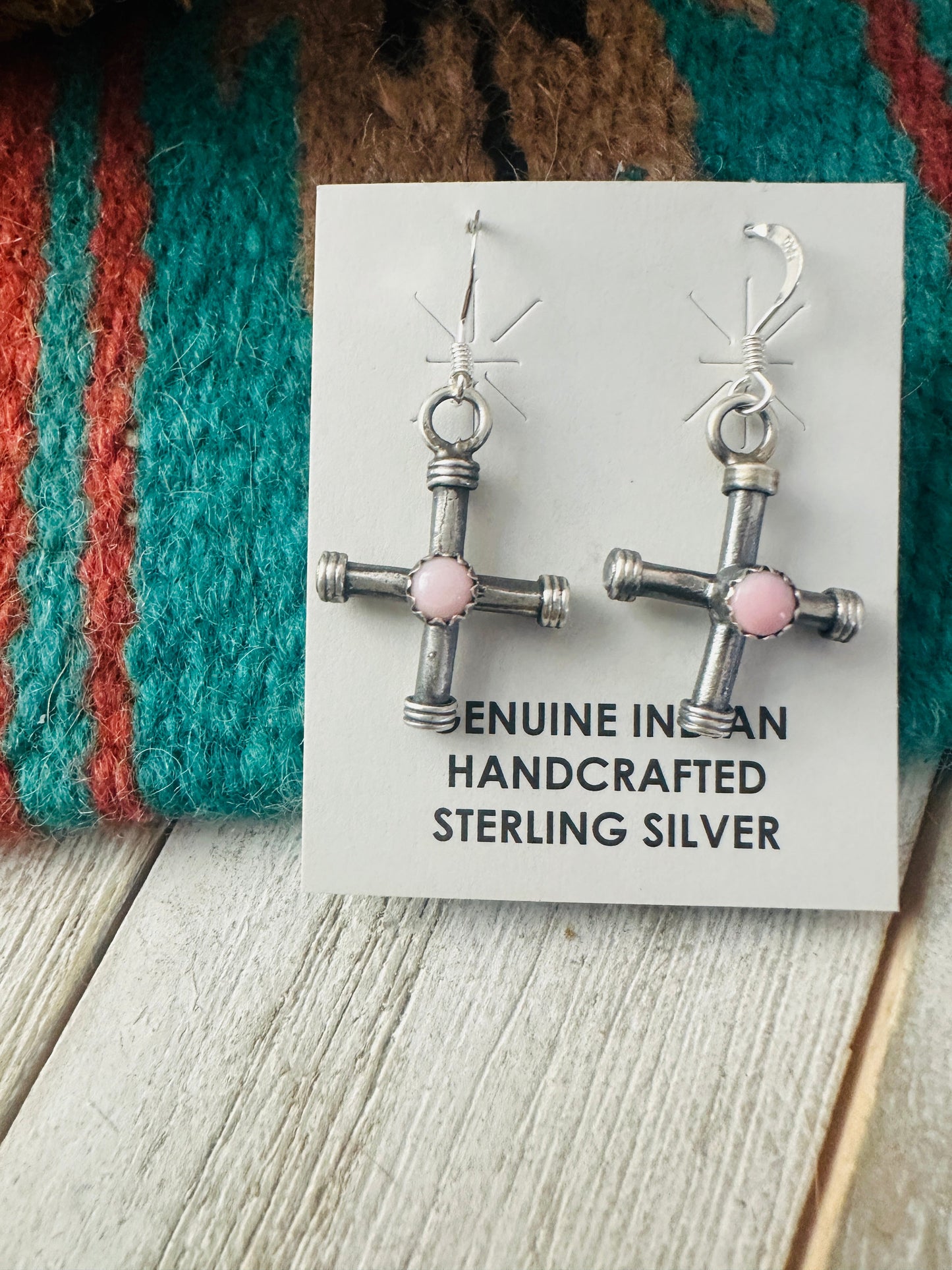 Handcrafted Sterling Silver & Queen Pink Conch Cross Dangle Earrings