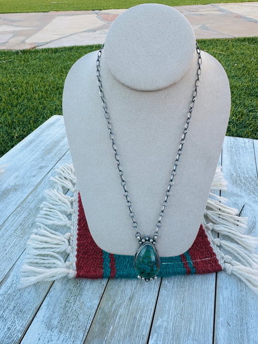Handcrafted Sterling Silver 18” Link Chain & Turquoise Necklace