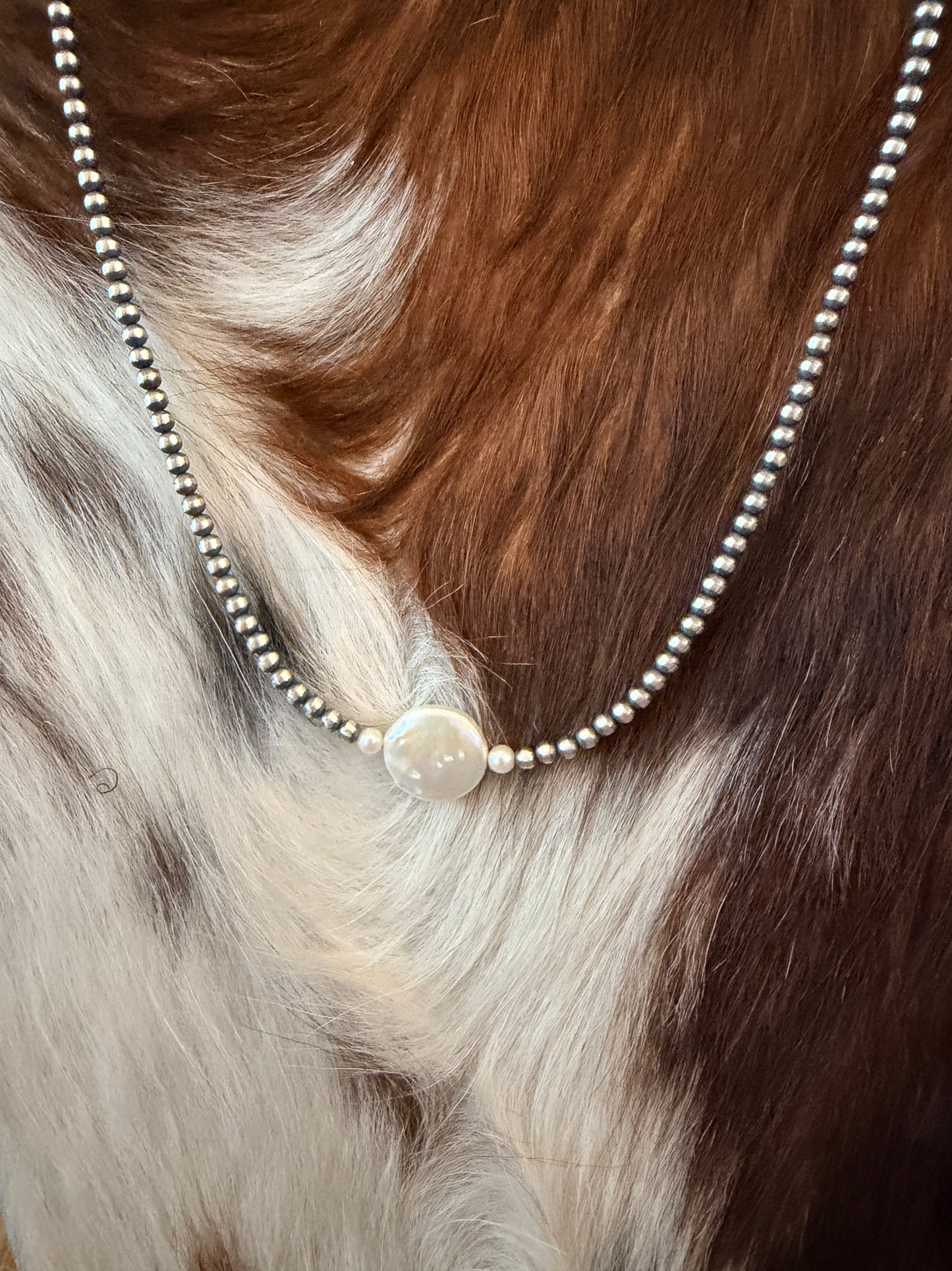 Handcrafted Mother of Pearl and Sterling Silver Pearl Beaded Necklace
