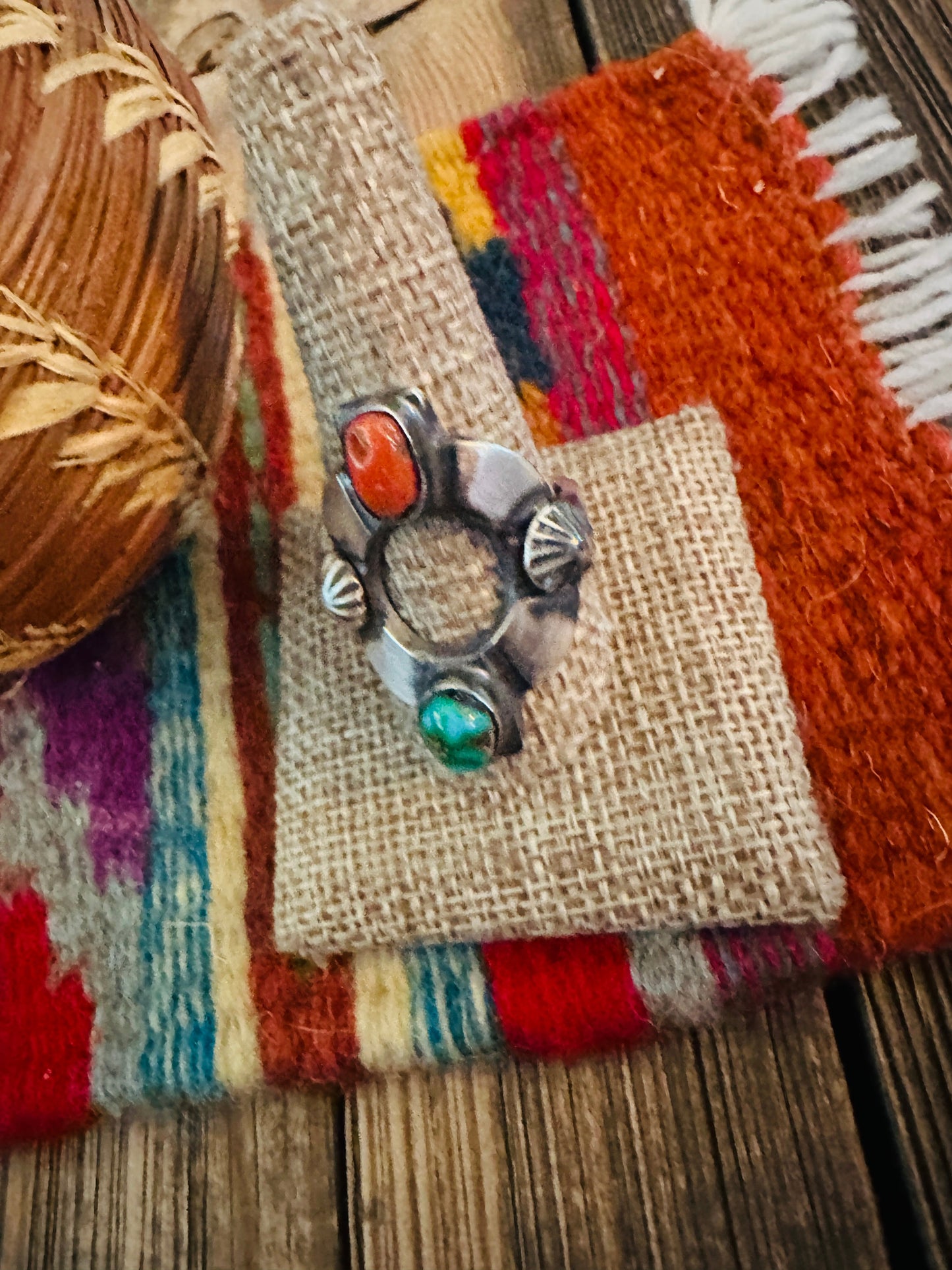 Handcrafted Turquoise, Coral & Sterling Silver Ring Size 11 by Chimney Butte