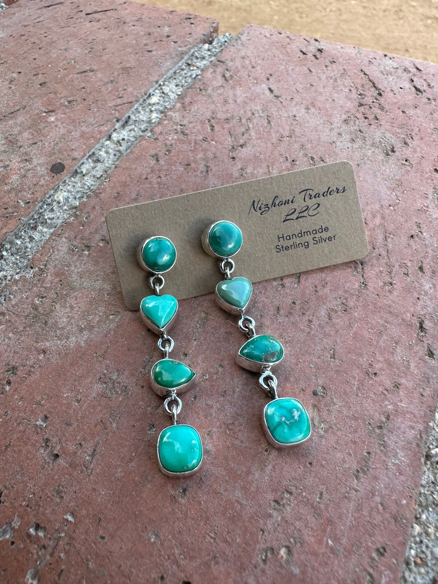 Handmade Emerald Valley Turquoise heart and Sterling Silver 4 Stone Dangles