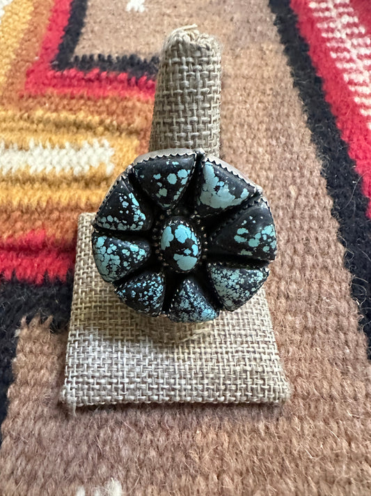 Beautiful Handmade New Lander Turquoise And Sterling Silver Triangle Adjustable Statement Round Ring