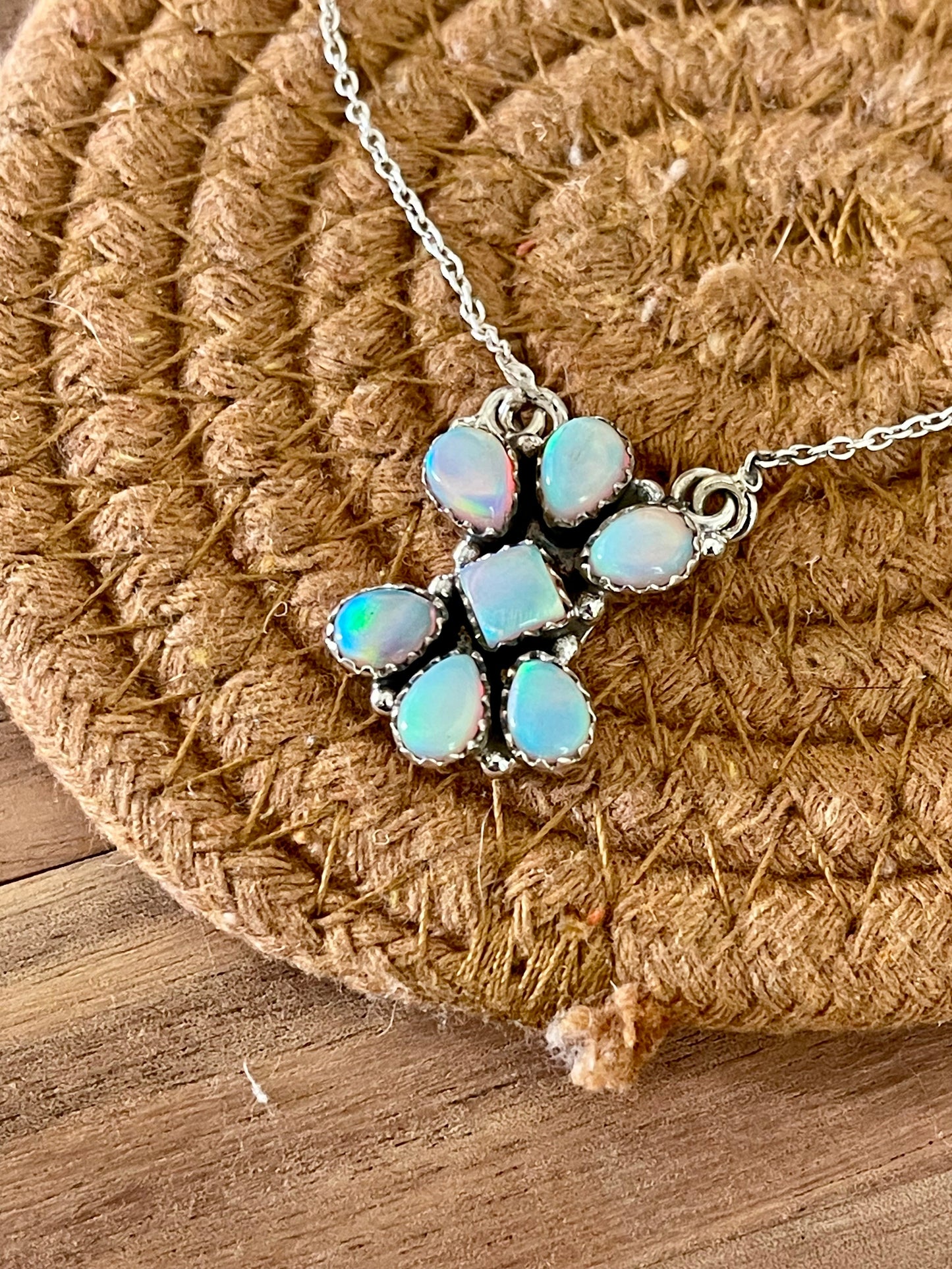 Handcrafted Sterling Silver & Light Blue Fire Opal Cluster Necklace