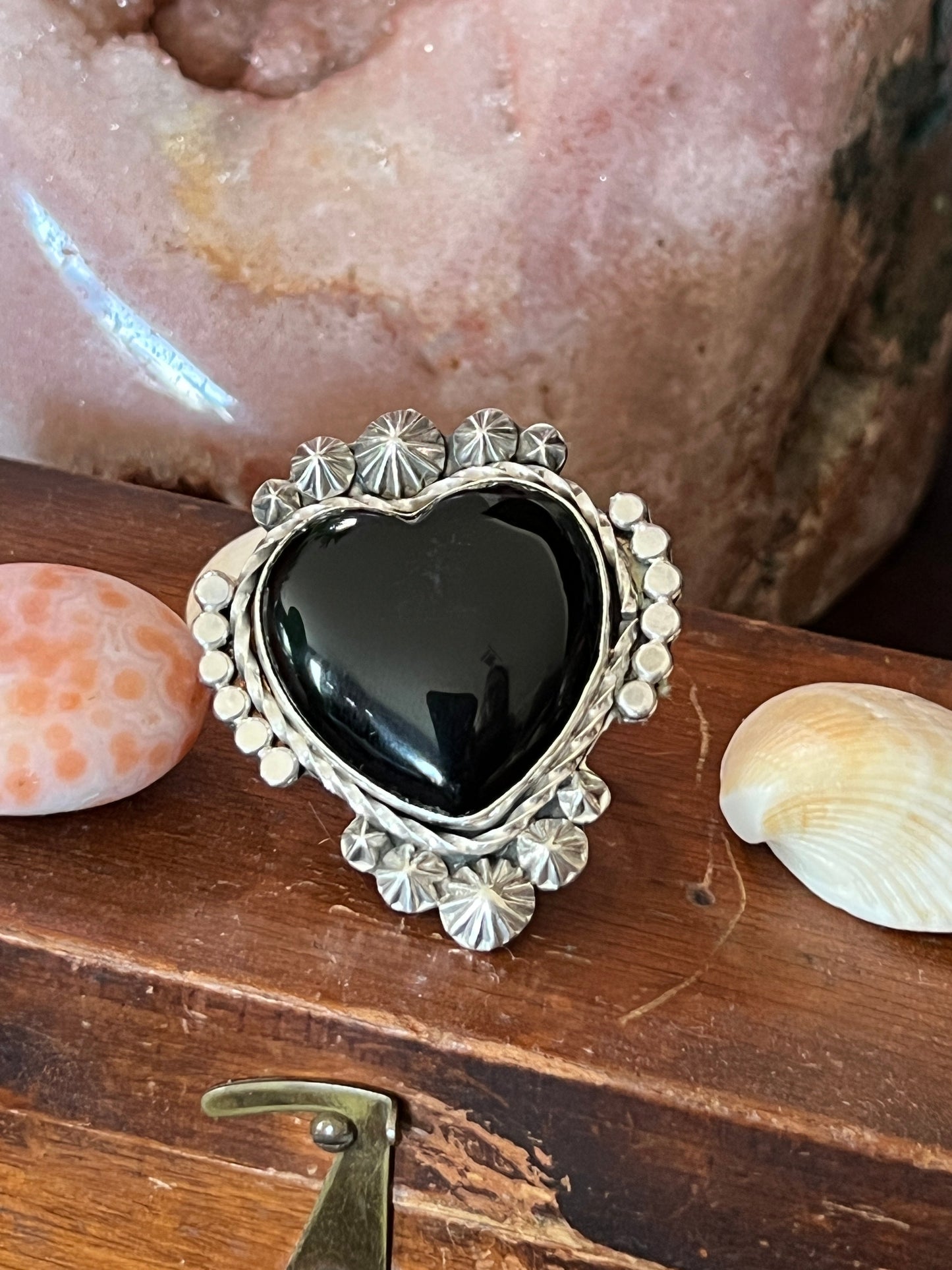 Apache Sterling Silver and Black Onyx Heart Ring by Rosella Paxson, Size 9.5