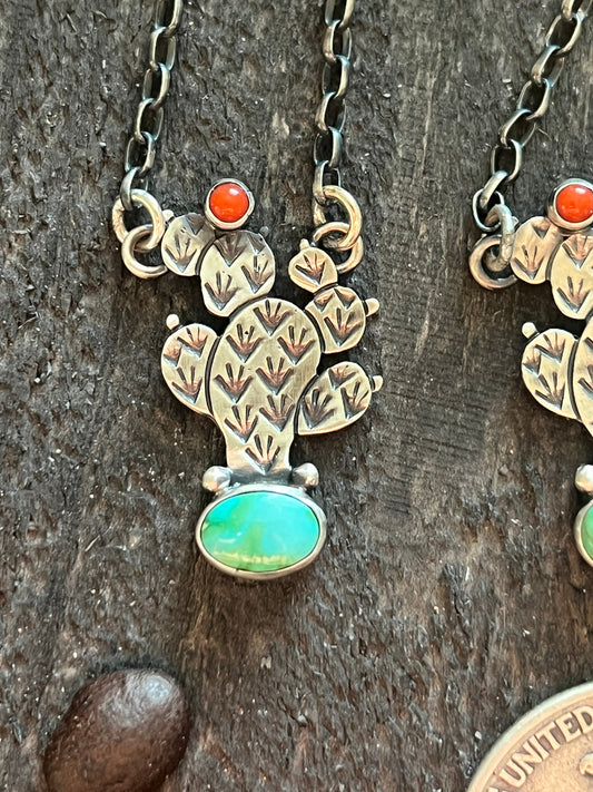 Handcrafted Petite Sterling Silver, Turquoise and Coral Cactus Link Chain Necklace, 16” + 1.5”