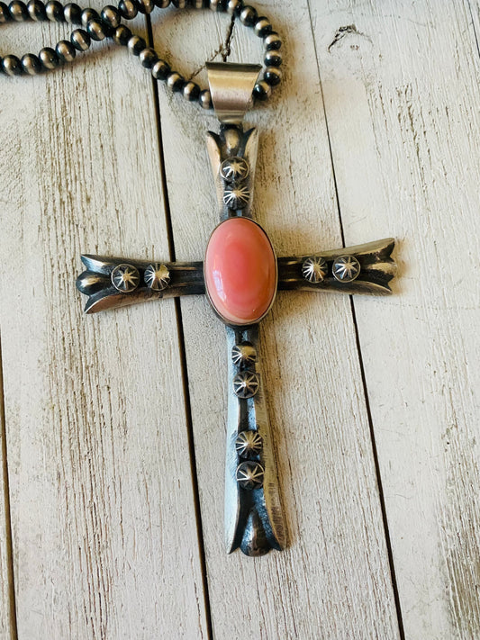 Handcrafted Queen Pink Conch Shell & Sterling Silver Cross Pendant By Chimney Butte