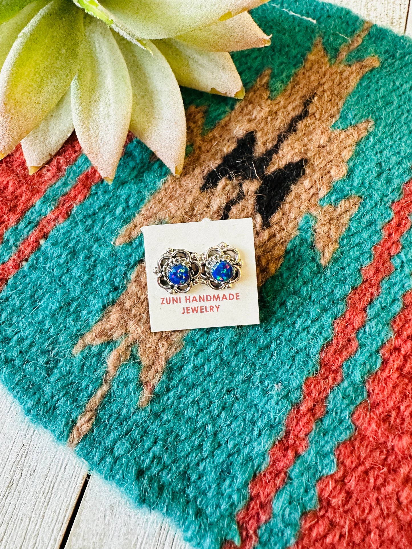 Zuni Blue Opal & Sterling Silver Flower Stud Earrings