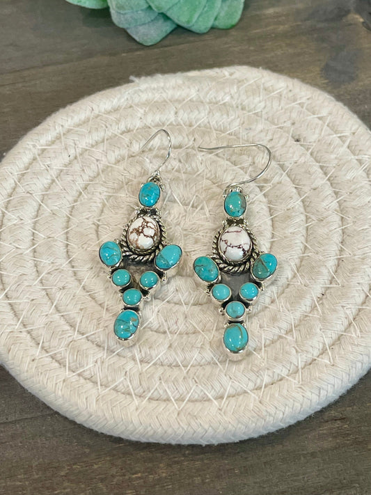 Handmade Turquoise, Wild Horse And Sterling Silver Cluster Dangle Earrings