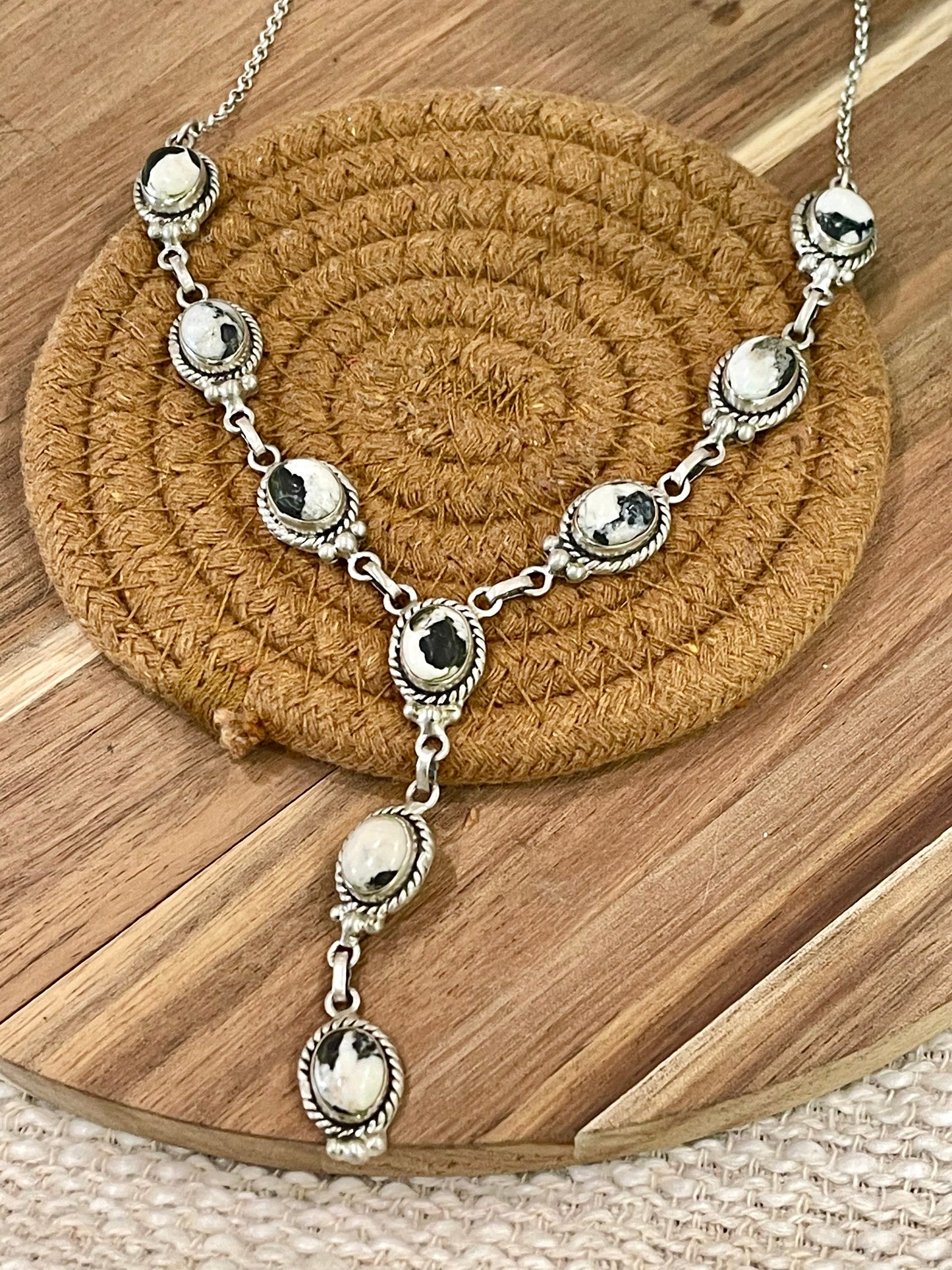 Gorgeous Handmade Sterling Silver & White Buffalo Lariat Necklace
