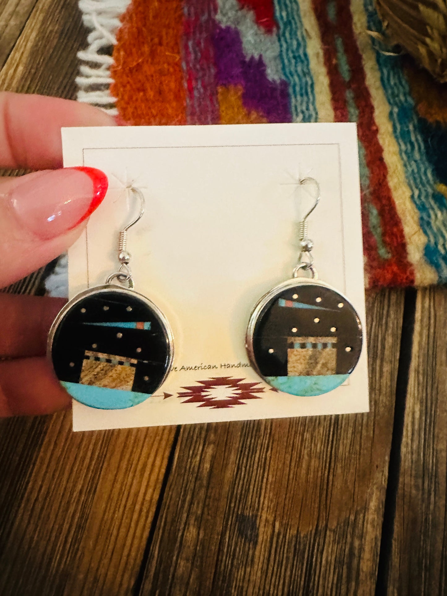 Handcrafted Sterling Silver & Multi Stone Pueblo Inlay Dangle Earrings