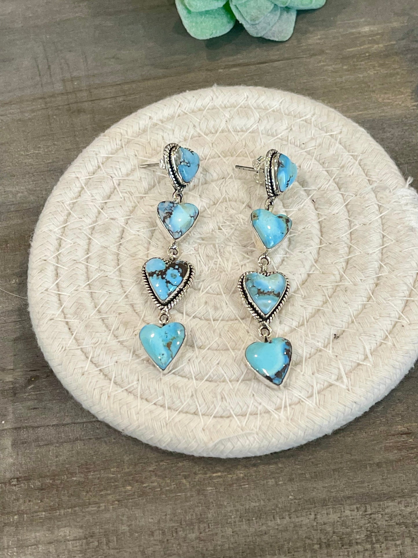 Handmade Golden Hills and Sterling Silver Dangle Heart Earrings