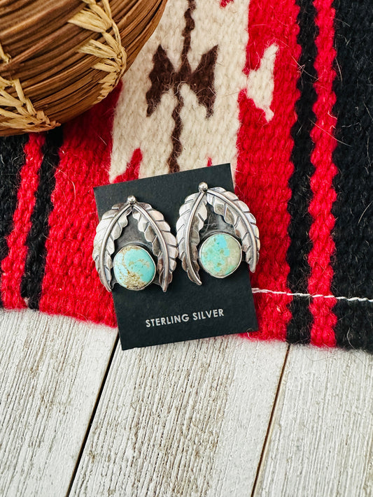 Handcrafted Number 8 Turquoise & Sterling Silver Leaf Post Earrings