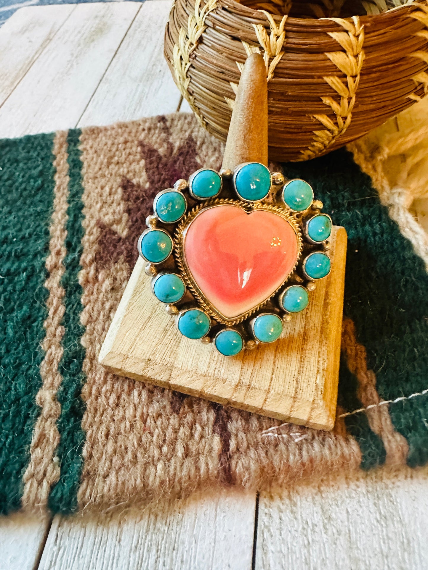Handcrafted Sterling Silver, Queen Pink Conch & Turquoise Heart Adjustable Ring