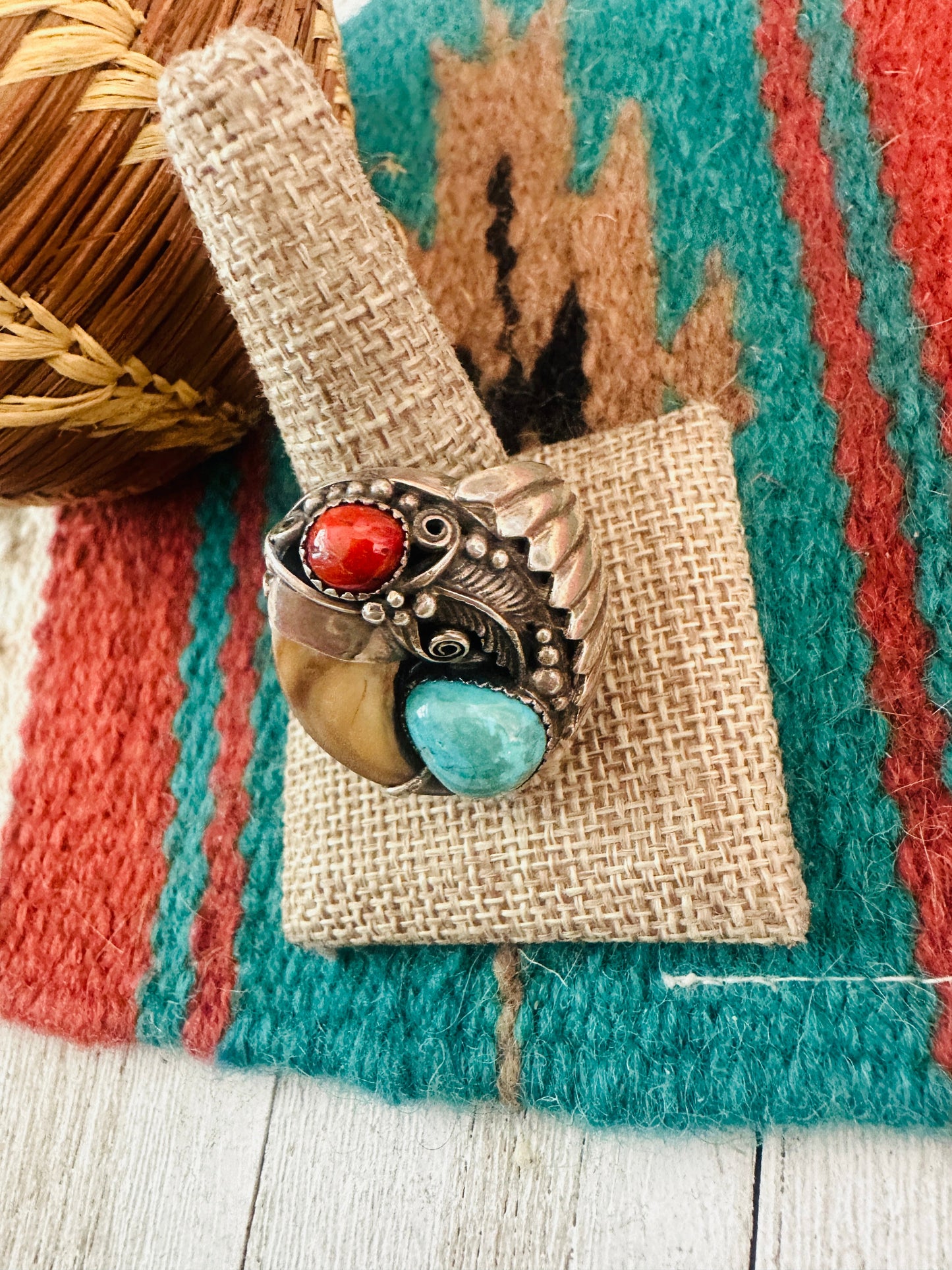 Handcrafted Old Pawn  Sterling Silver, Turquoise & Coral Claw Ring Size 11.5