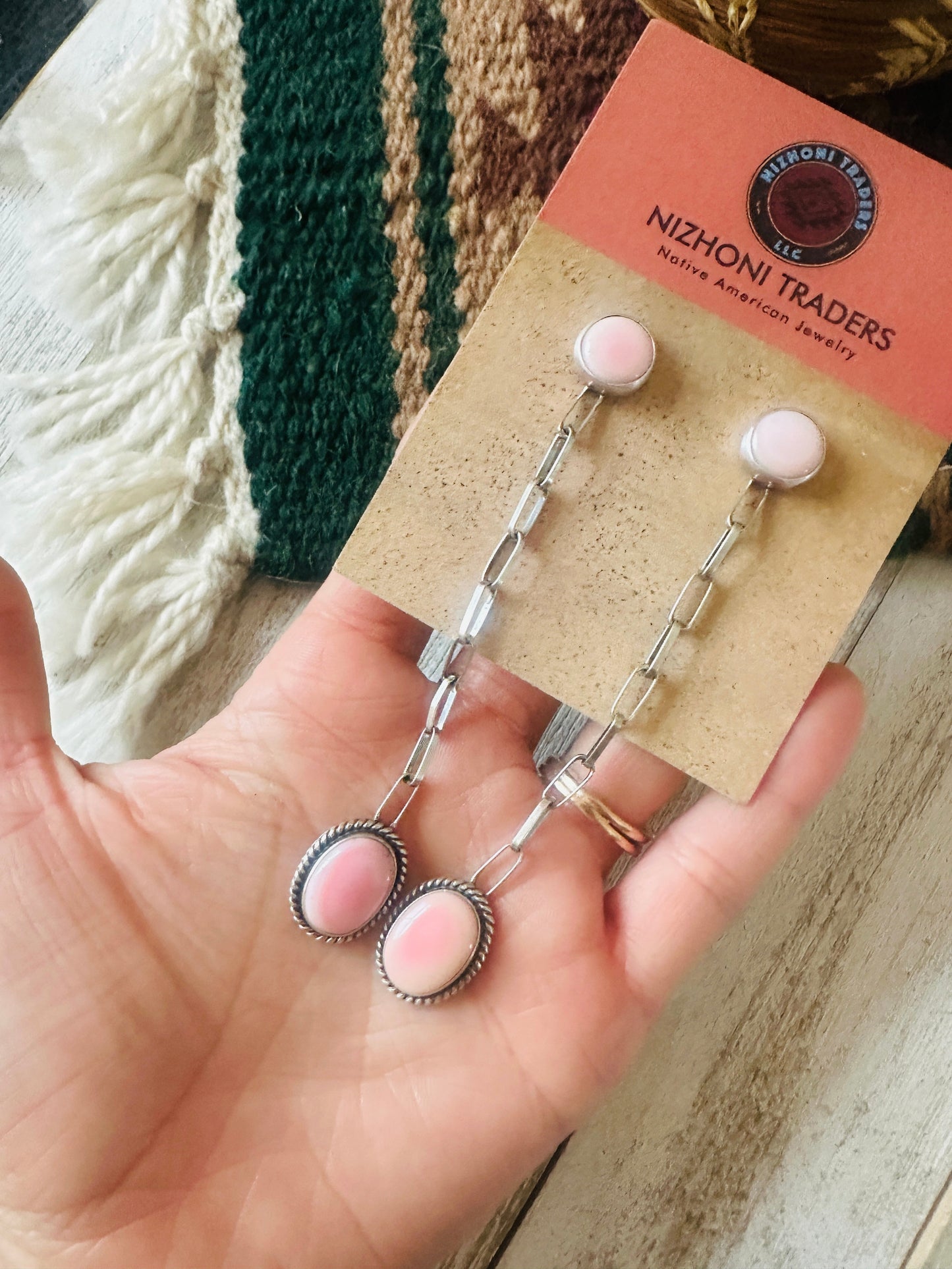 Handcrafted Sterling Silver & Queen Pink Conch Chain Dangle Earrings