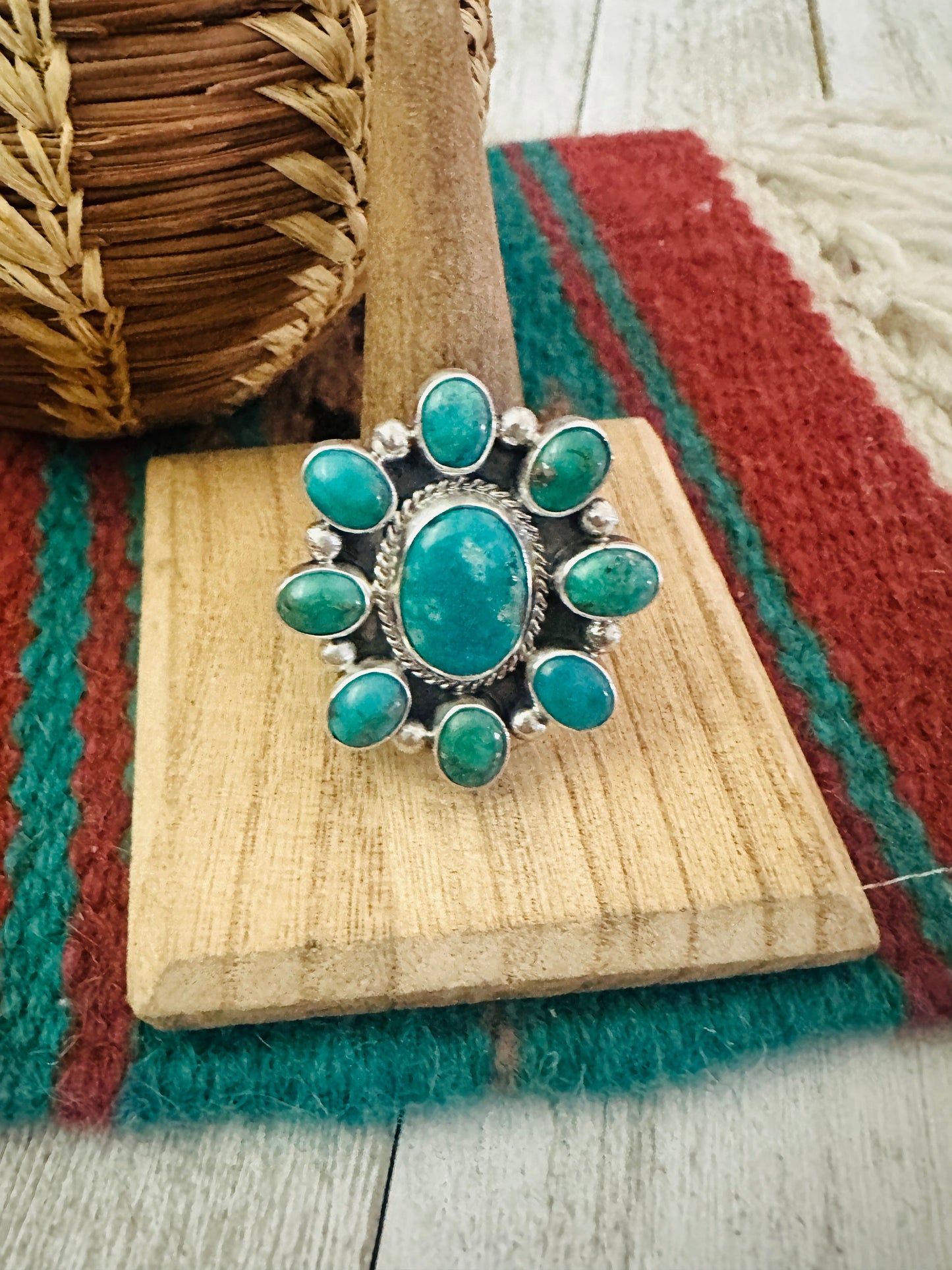Handcrafted Sterling Silver & Turquoise Cluster Adjustable Ring