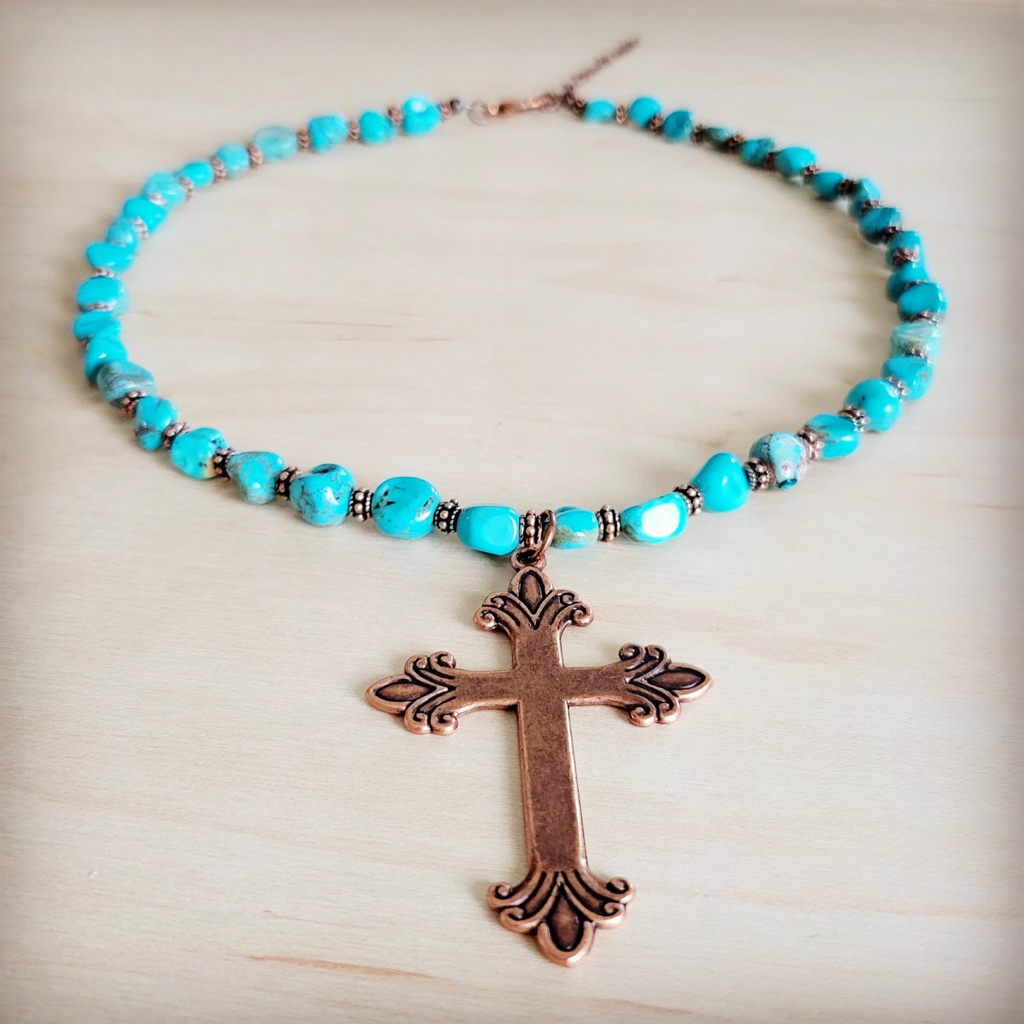 Turquoise and Copper Collar Necklace w/ Copper Cross Pendant 263z