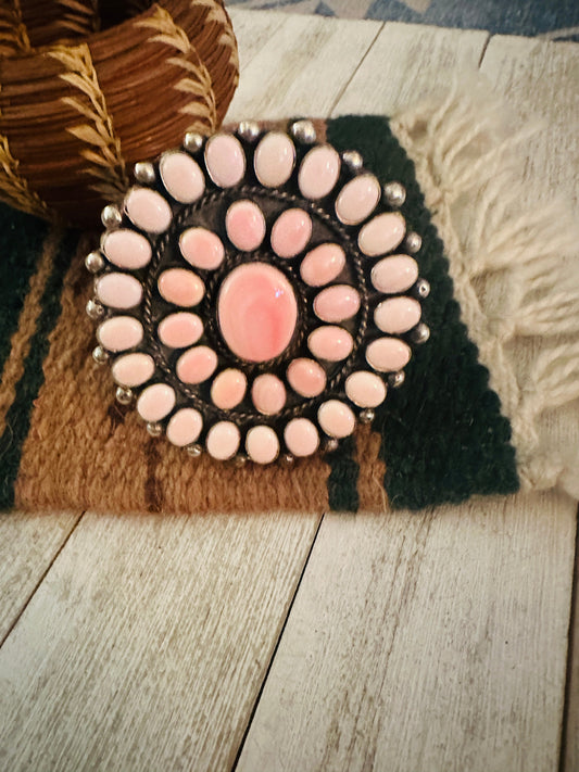 Handcrafted Queen Pink Conch Shell & Sterling Silver Cluster Cuff Bracelet