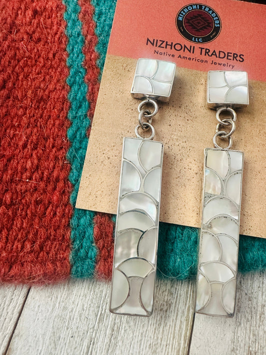 Handcrafted Sterling Silver & Mother of Pearl Inlay Dangle Earrings