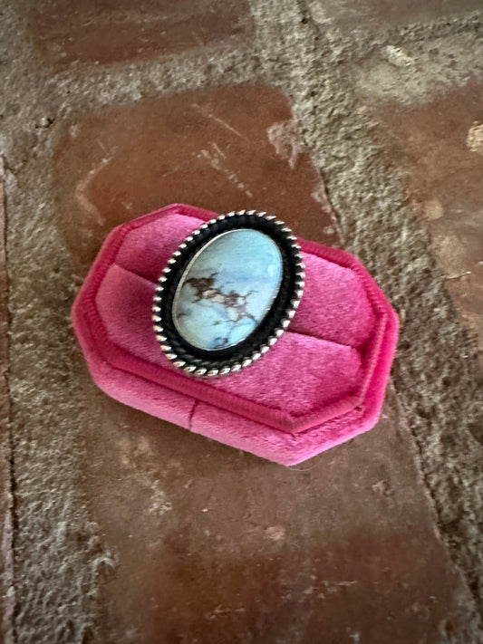 Beautiful Handcrafted Sterling Silver & Single Stone Golden Hills Turquoise Adjustable Ring Signed