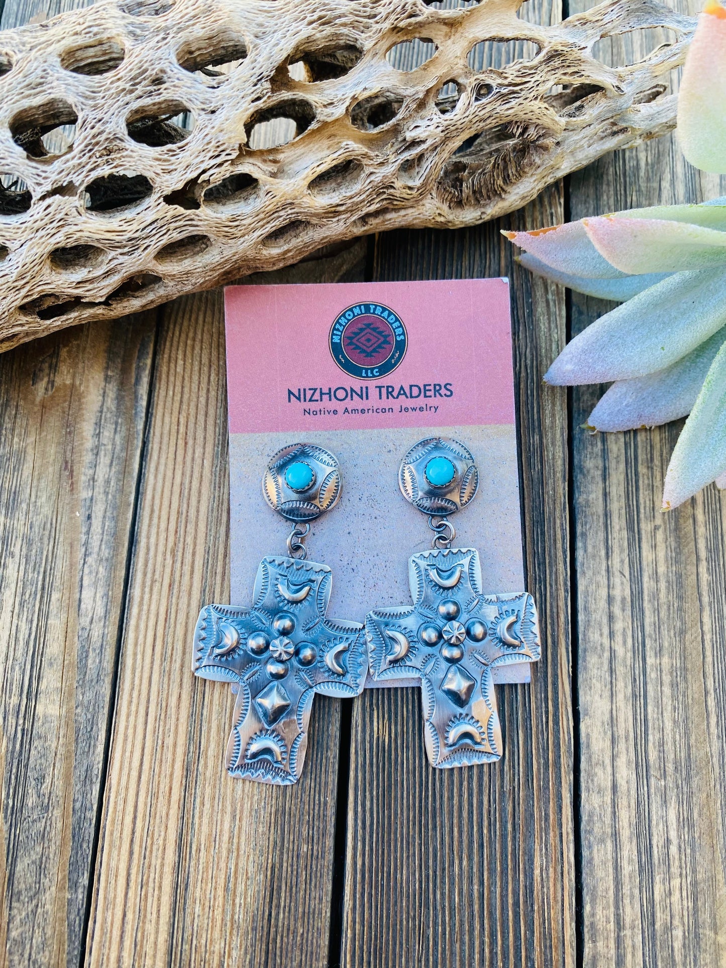 Navajo Hand Stamped Sterling Silver Cross Dangle Earrings By Tim Yazzie