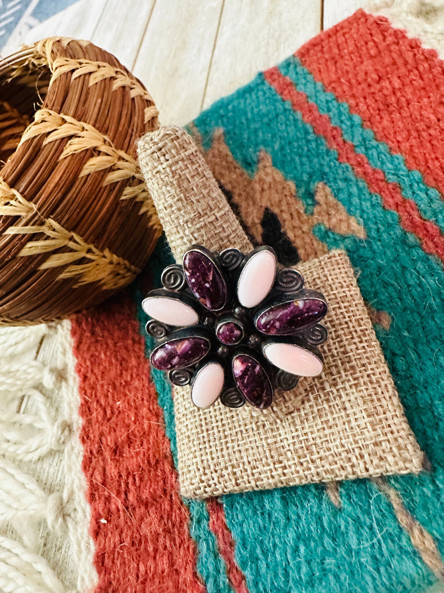 Handcrafted Queen Pink Conch, Purple Spiny & Sterling Silver Adjustable Ring by Jacqueline Silver
