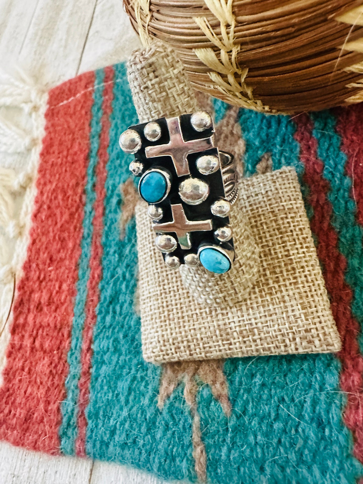 Handcrafted Turquoise & Sterling Silver Cross Ring Chimney Butte Size 8