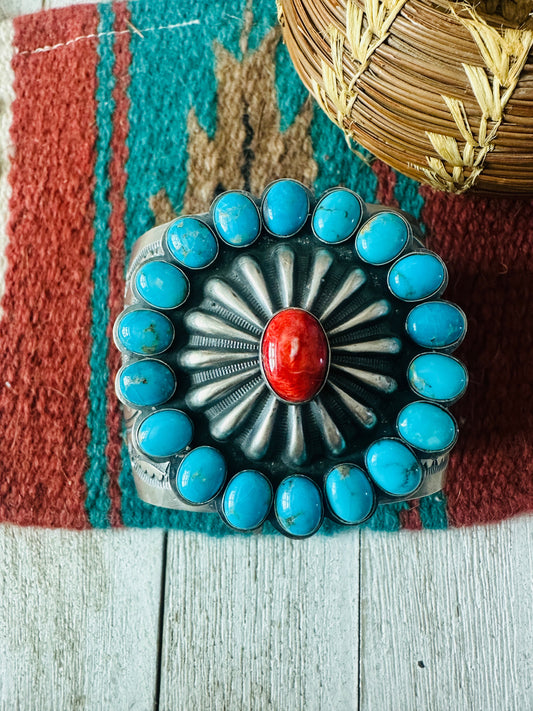Handcrafted Turquoise, Spiny Sterling Silver Cuff Bracelet