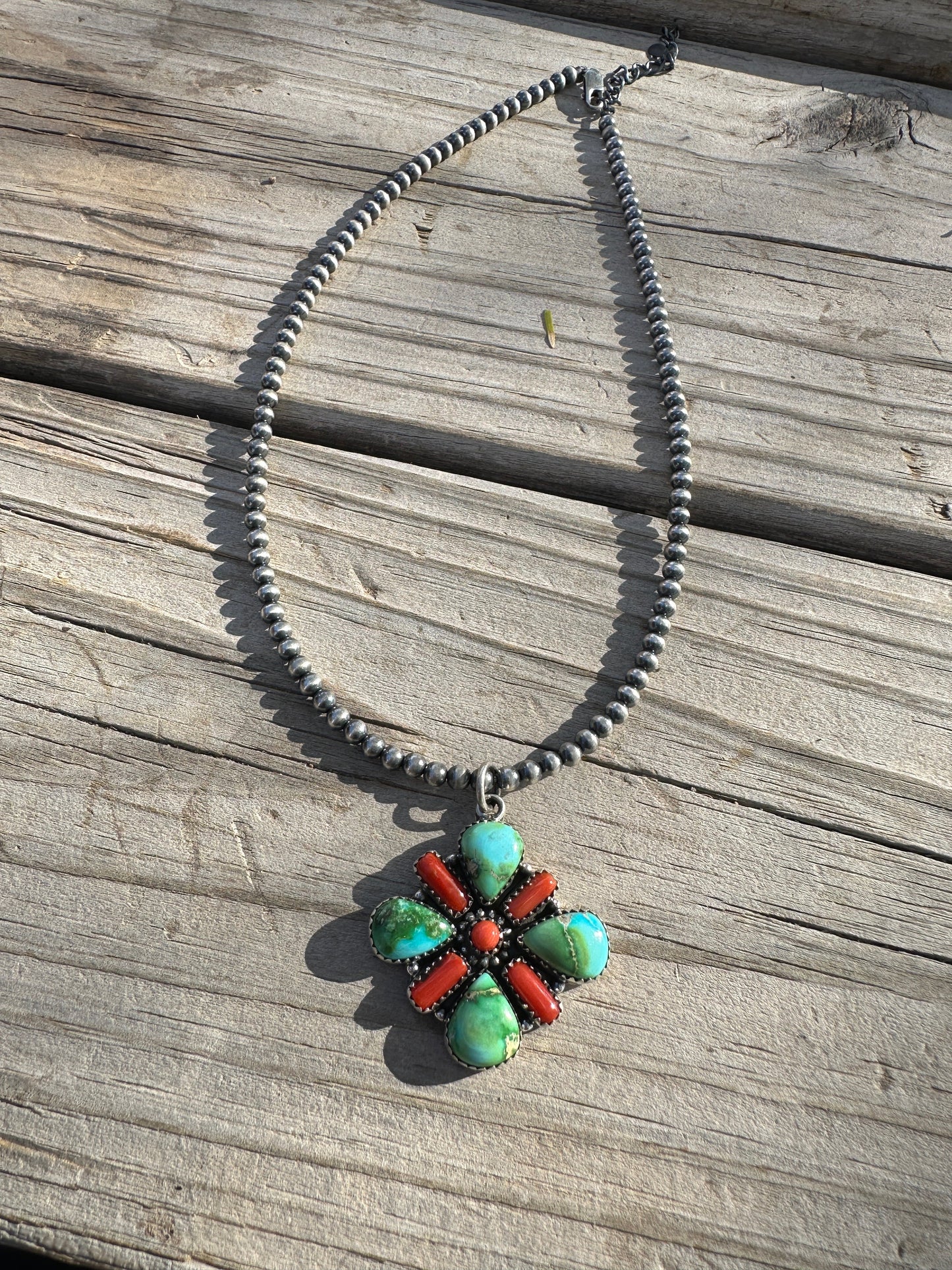 Beautiful Handmade Sterling Silver, Coral & Sonoran Turquoise Beaded Necklace