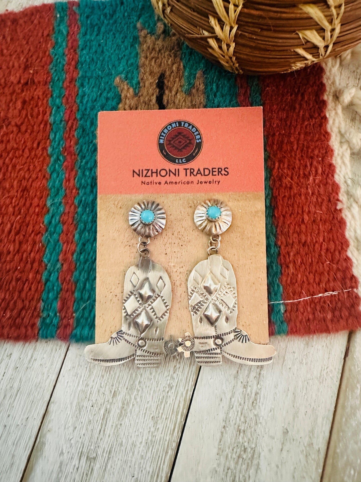 Navajo Turquoise & Sterling Silver Cowboy Boot Dangle Earrings By Tim Yazzie