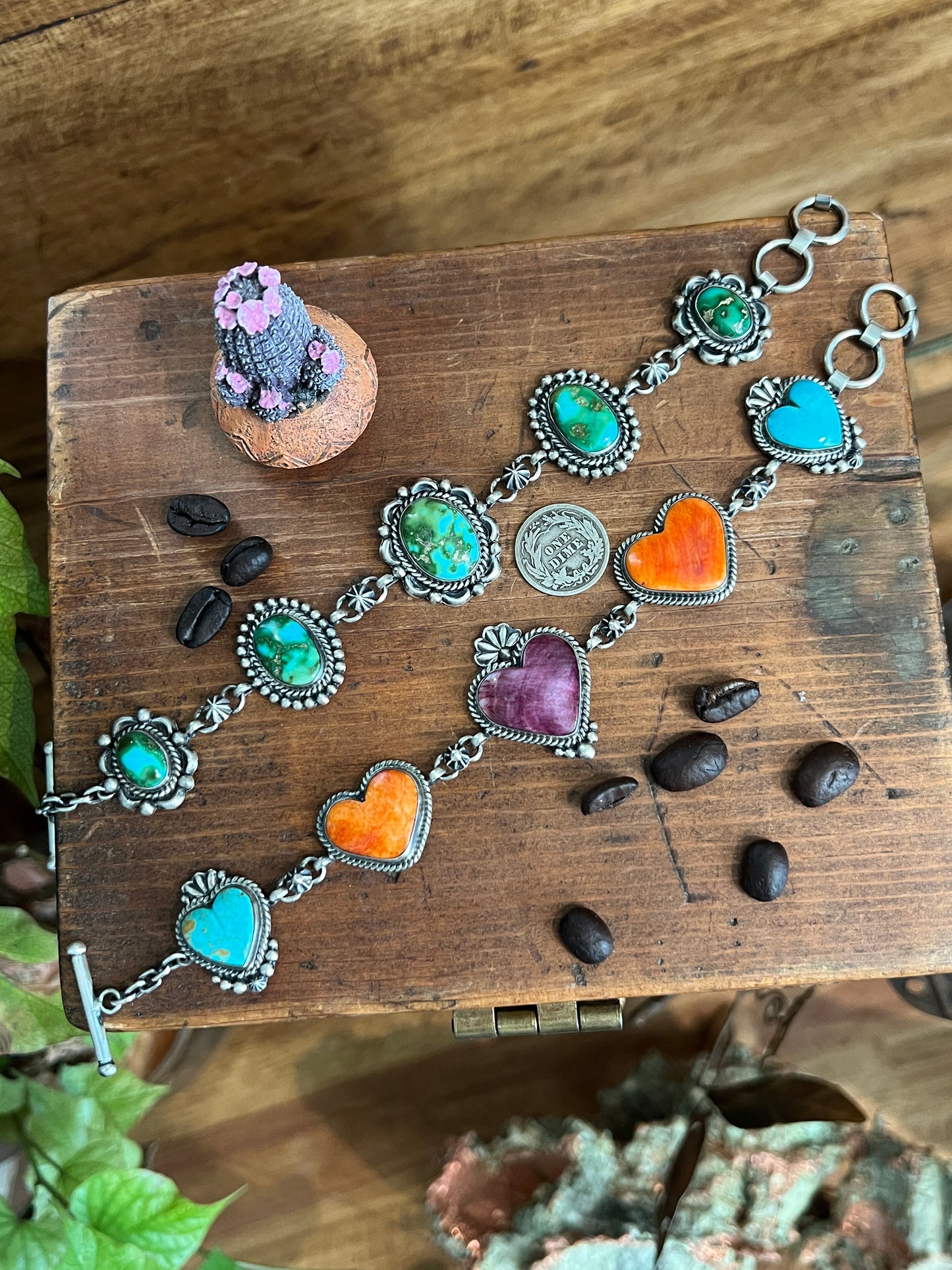 Diane Wylie Handcrafted Sterling Silver, Spiny Oyster & Turquoise Link Bracelets
