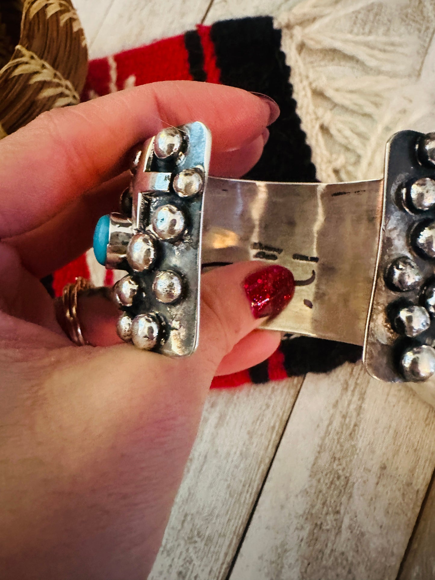 Handcrafted Turquoise & Sterling Silver Cross Cuff Bracelet By Chimney Butte /