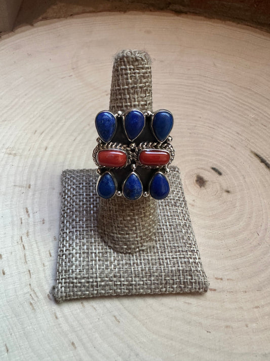 **4TH OF JULY** Handmade Coral, Lapis & Sterling Silver Adjustable Ring Signed Nizhoni