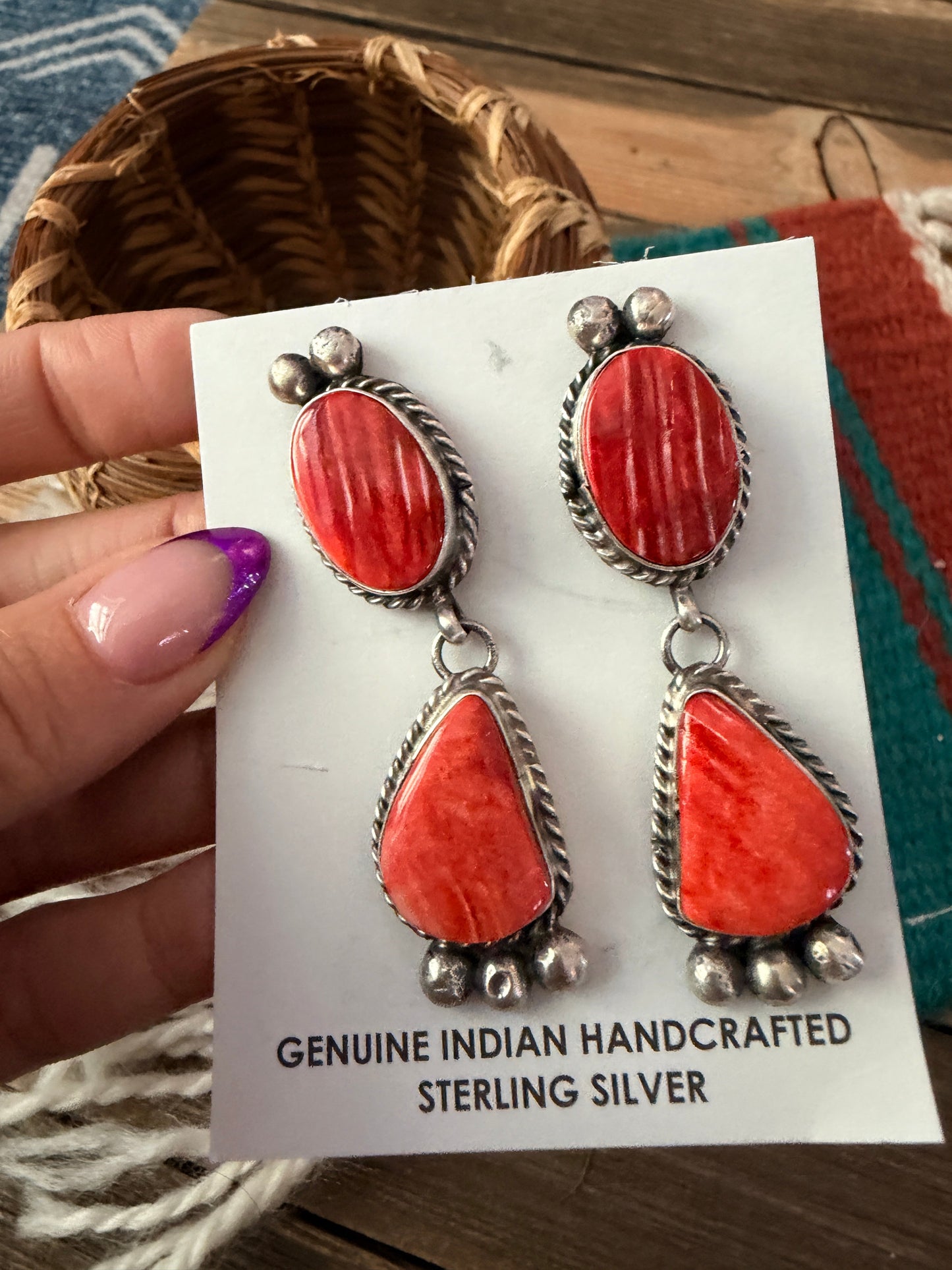 Handcrafted Red & Orange Spiny and Sterling Silver Dangle Earrings by Vicky Hicks