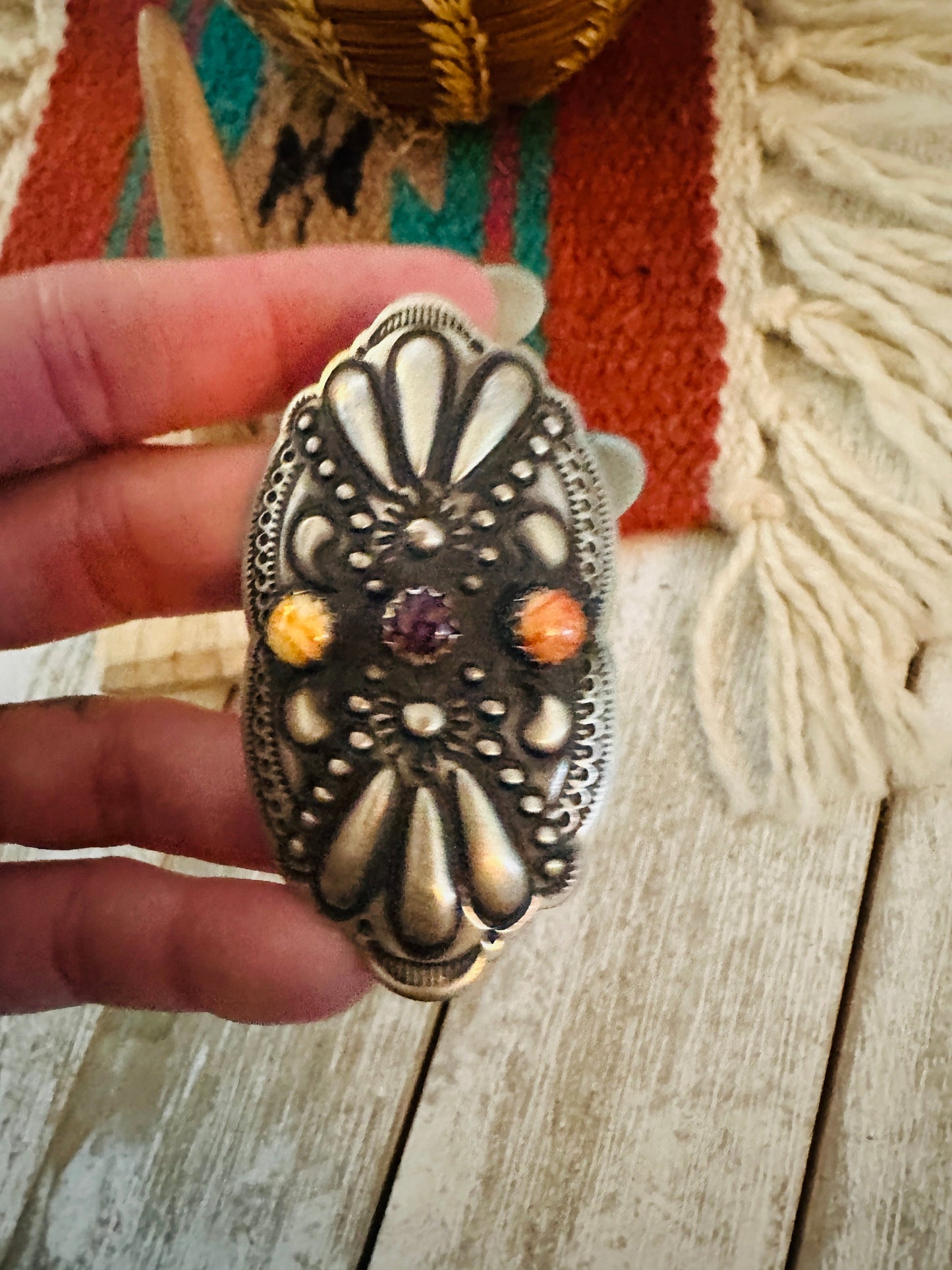 Handcrafted Spiny Oyster & Sterling Silver Adjustable Ring by Leander Tahe