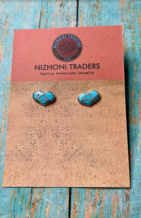 Handcrafted Sterling Silver & Turquoise Inlay Stud Heart Earrings