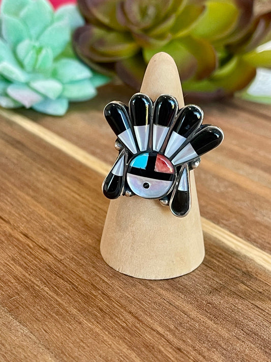 Handmade Multi Stone Southwestern Sunface And Sterling Silver Adjustable Ring
