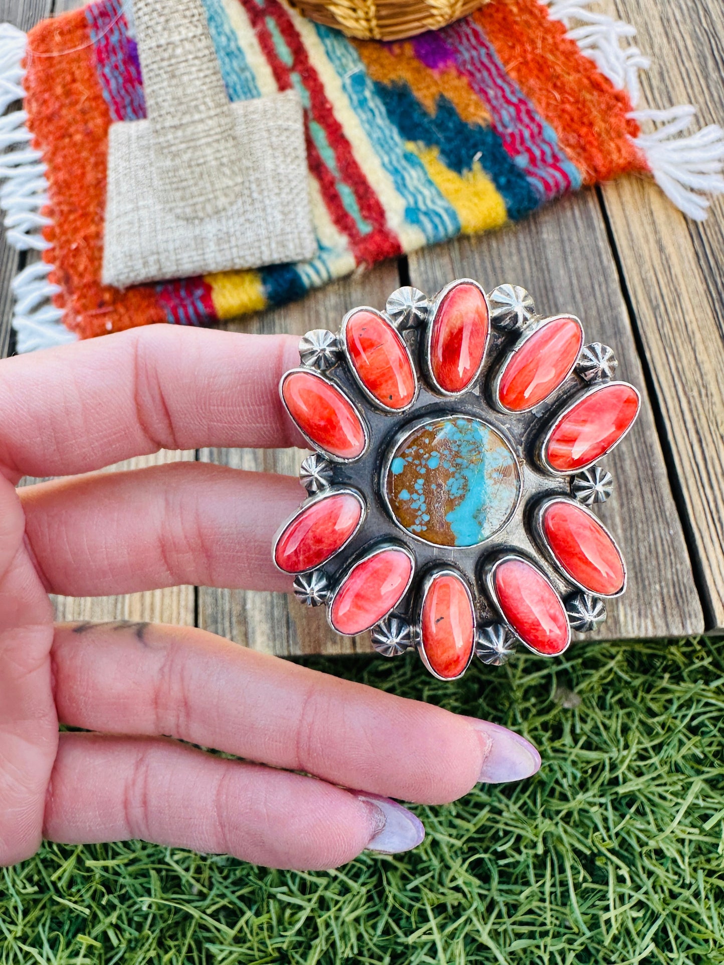 Handcrafted Spiny, Turquoise & Sterling Silver Adjustable Cluster Ring by Jacqueline Silver