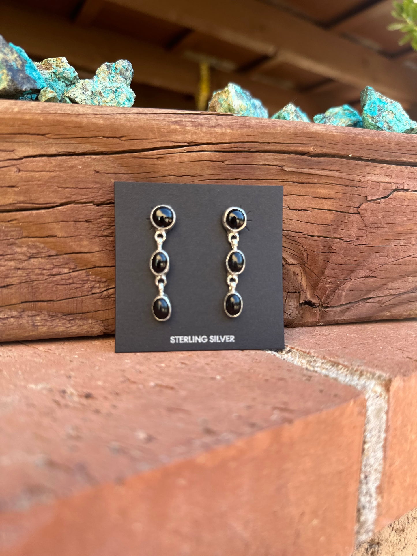 Handcrafted Made Black Onyx & Sterling Silver 3 Stone Dangle Earrings