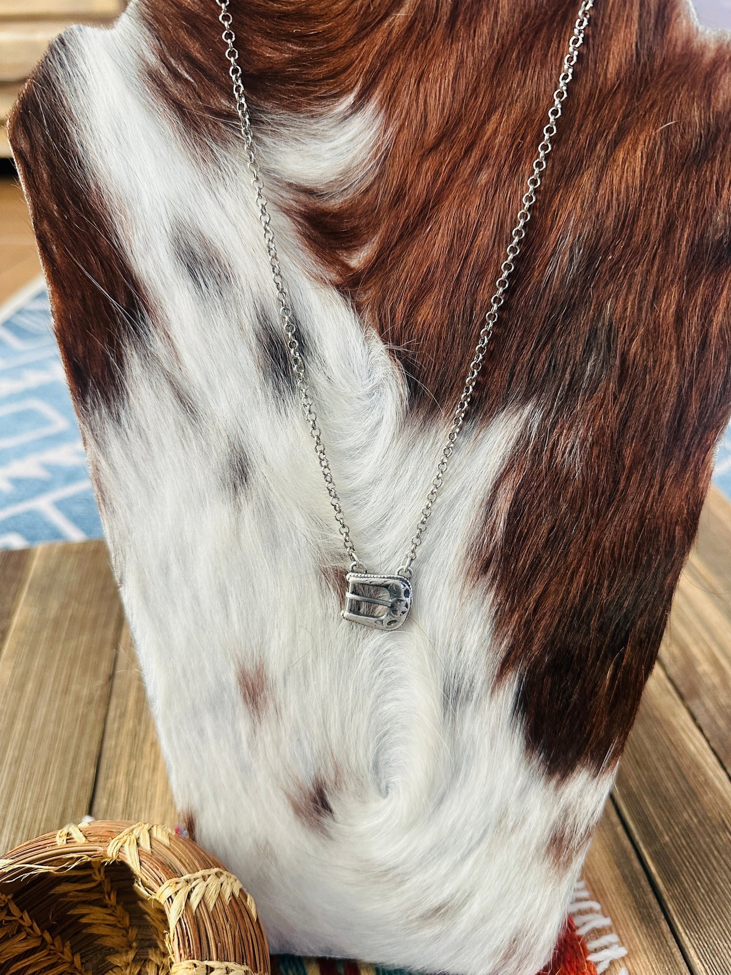 Handcrafted Sterling Silver Belt Buckle Necklace by Patrick Yazzie