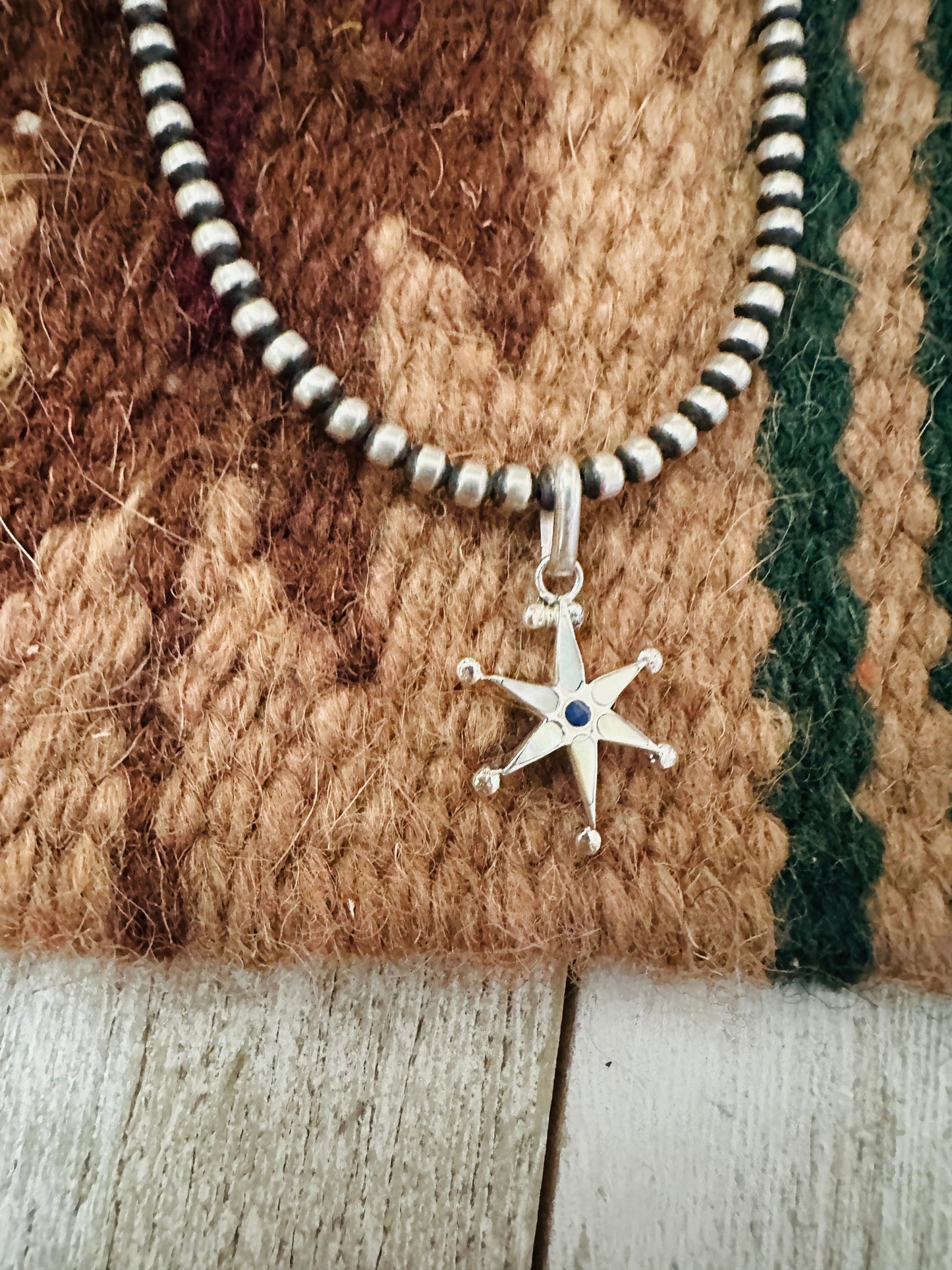Handcrafted Sterling Silver, Mother of Pearl & Lapis Mini Star Pendant Signed