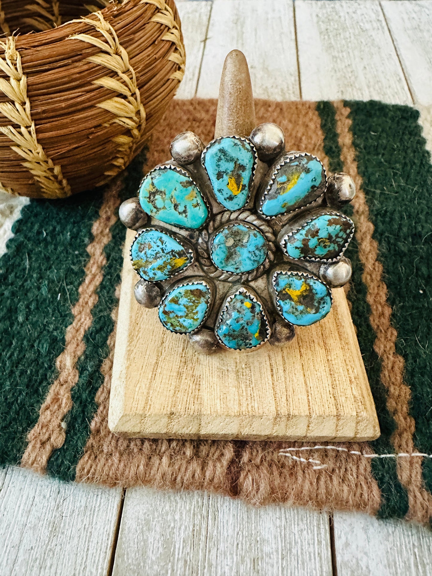 Old Pawn Handcrafted Sterling Silver & Turquoise Cluster Ring Size 7.25