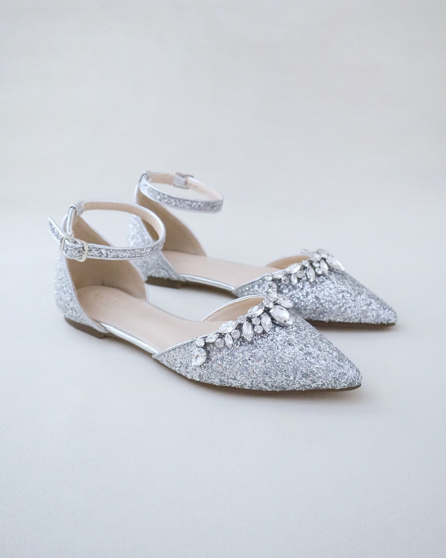 Pointy Toe Glitter Ankle Strap Flats with Teardrop Rhinestones
