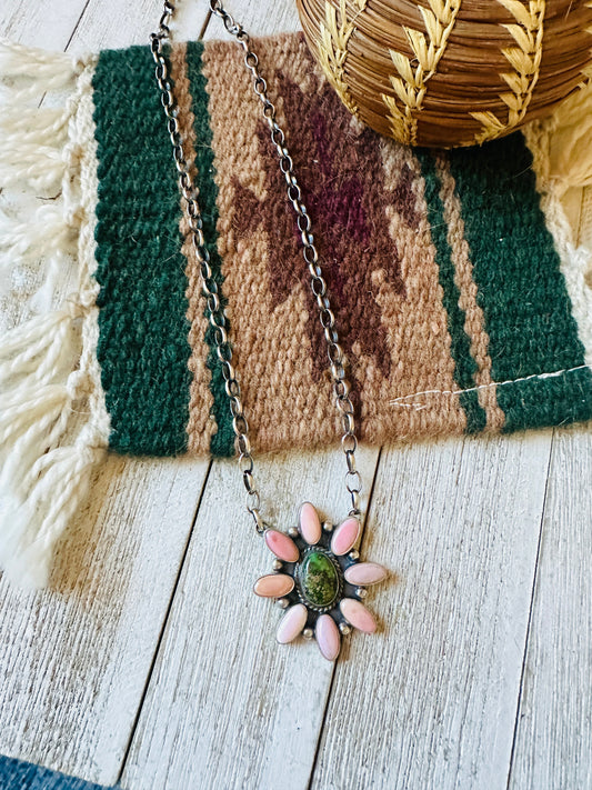Handcrafted Sterling Silver, Queen Pink Conch Shell & Turquoise Necklace