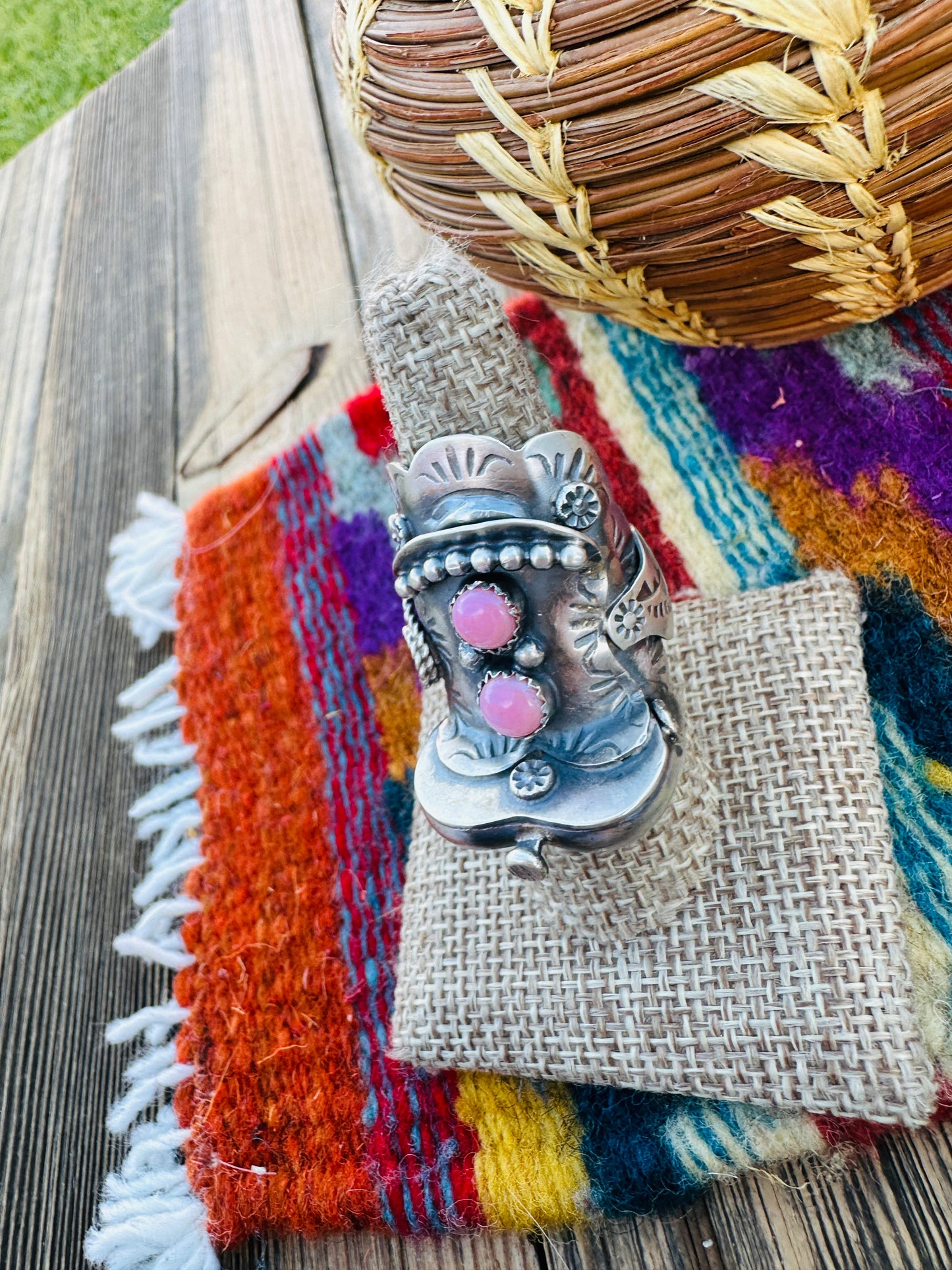 Handcrafted Queen Pink Conch & Sterling Silver Saddle Ring Size 8 by Tim Yazzie