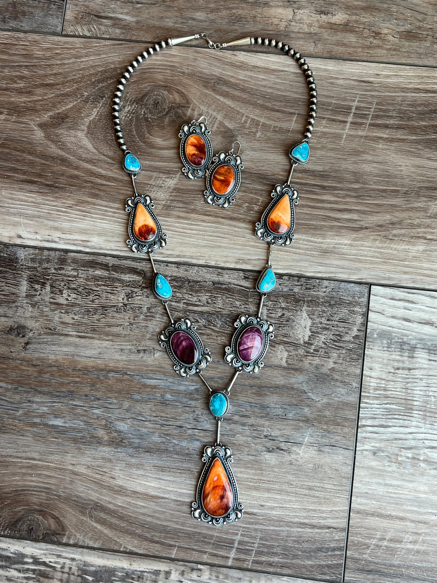 Handcrafted Sterling Silver, Spiny Oyster and Turquoise Link and Bead Electric Rainbow Necklace and Earrings Set by Derrick Gordon