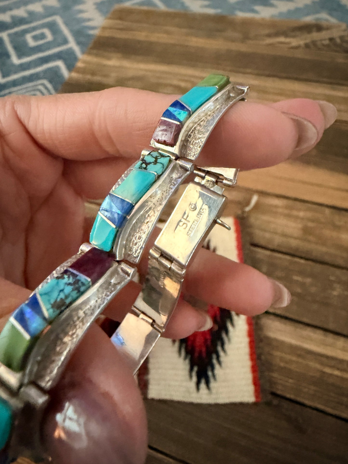 Handcrafted Old Pawn Sterling Silver & Multi Stone Inlay Link Bracelet