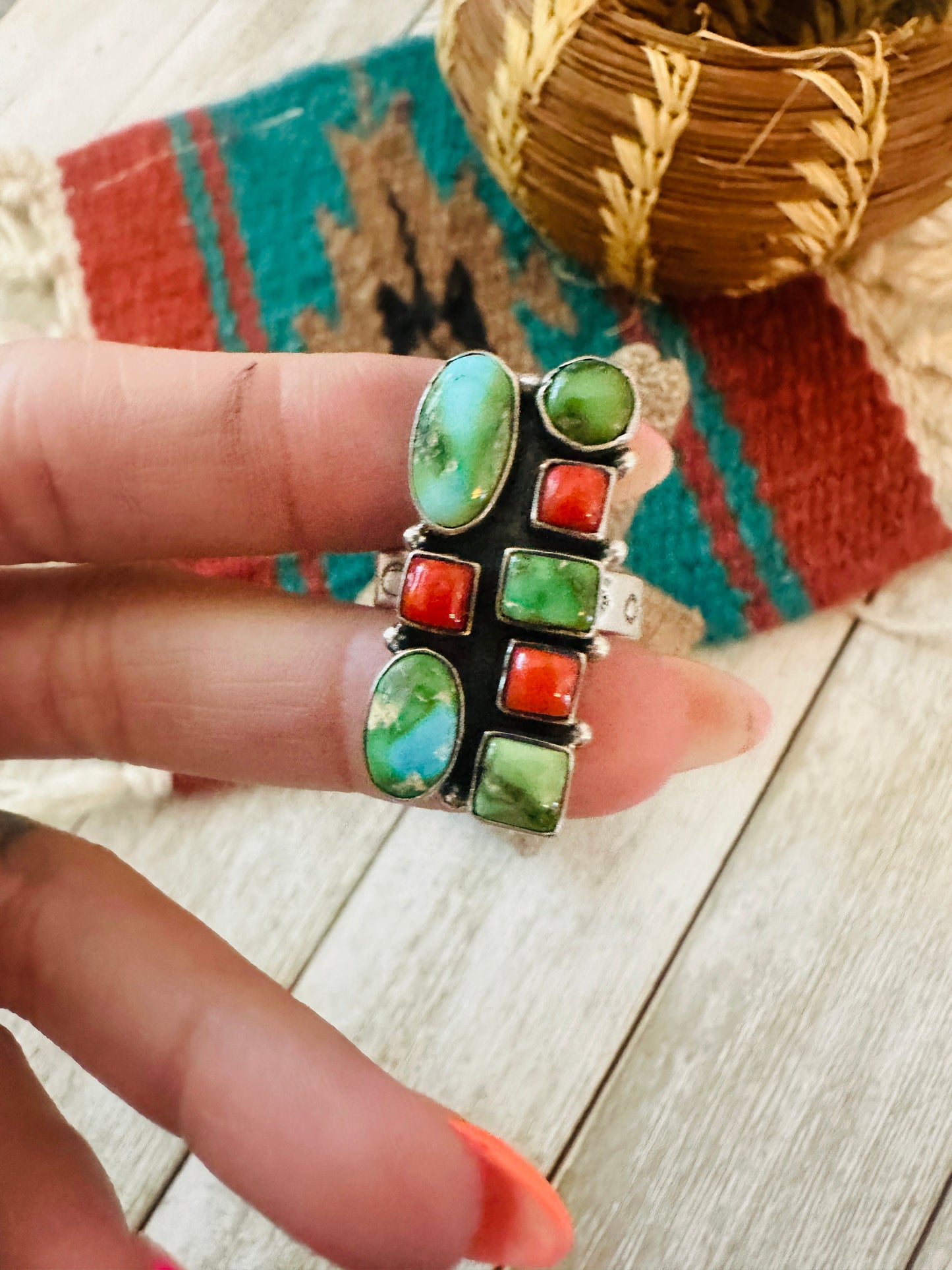 ** Christmas Collection ** Handmade Sterling Silver, Turquoise & Coral Adjustable Ring Signed Nizhoni