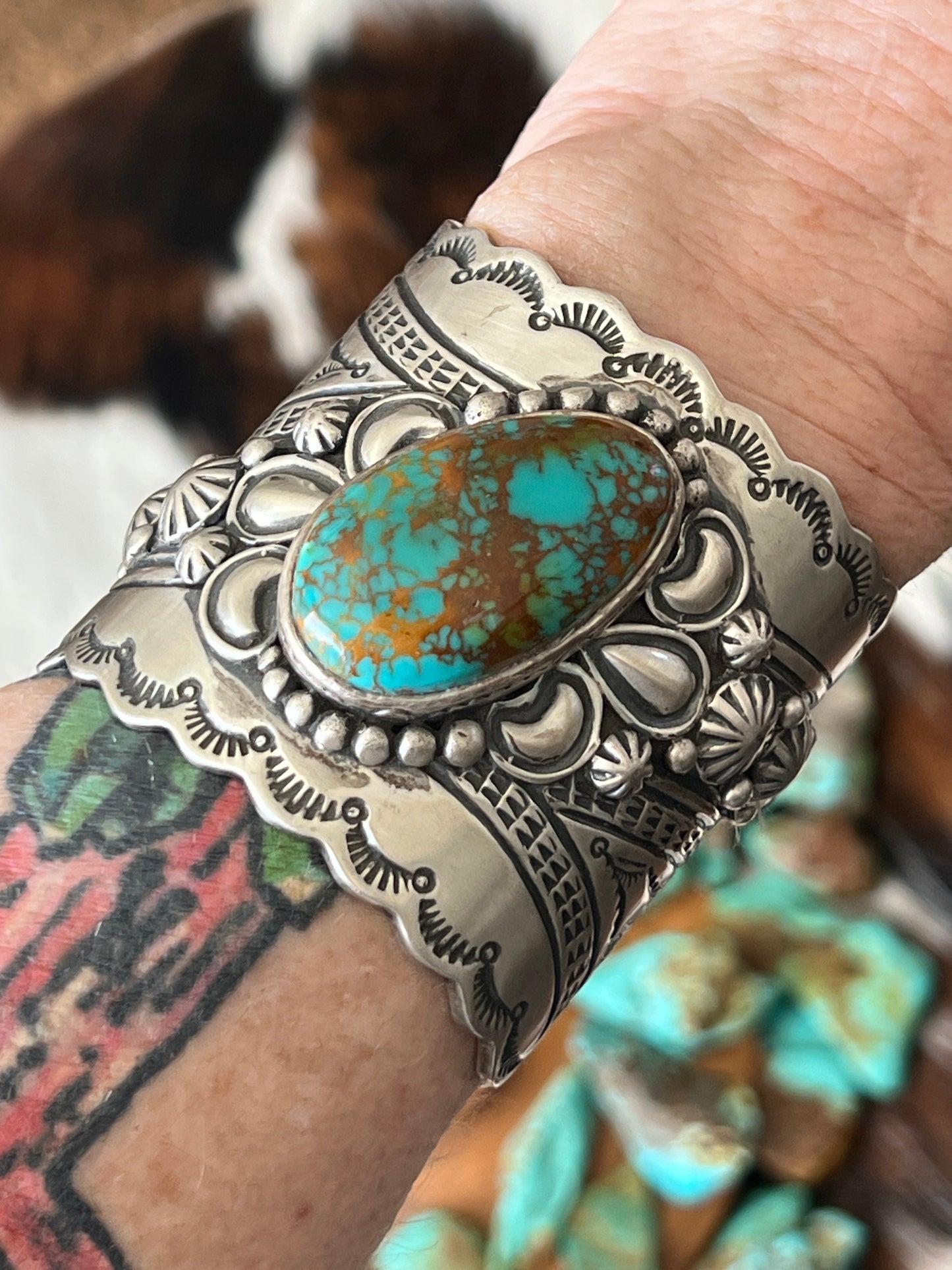 Lorenzo James Hefty Sterling Silver and Kingman Turquoise Hand Stamped Cuff Bracelet