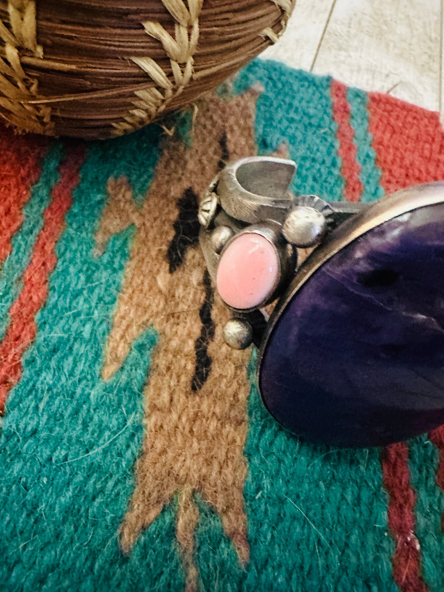 Handcrafted Charoite, Queen Pink Conch & Sterling Silver Cuff Bracelet by Chimney Butte